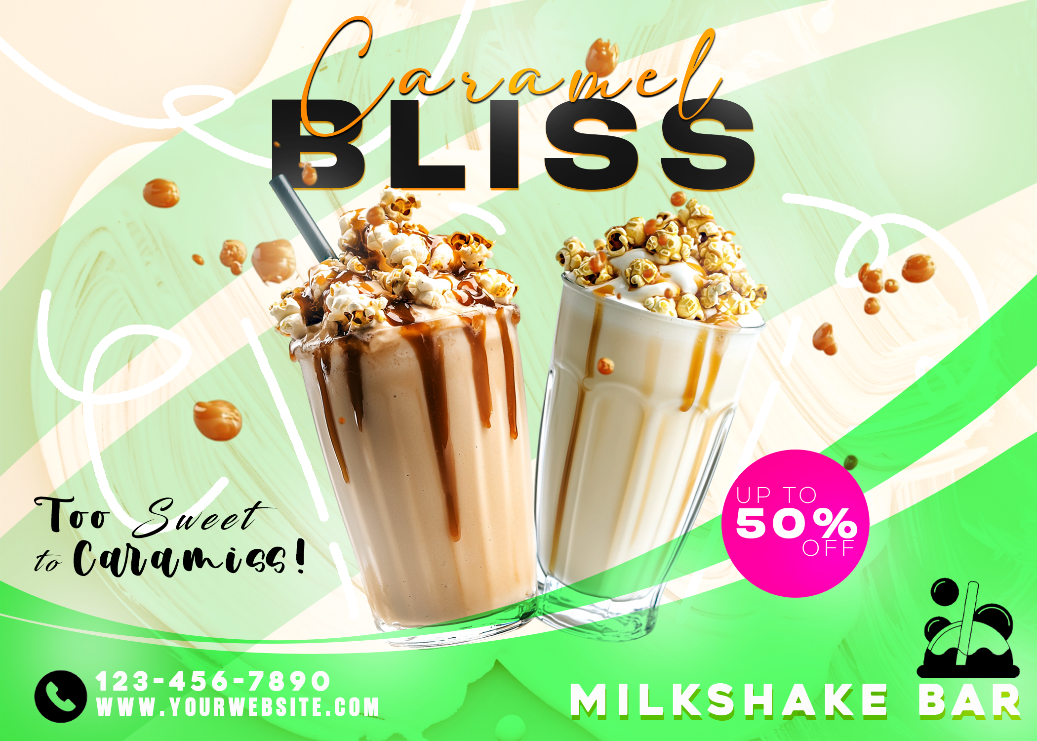 Caramel Bliss milkshake promotional poster with layered typography